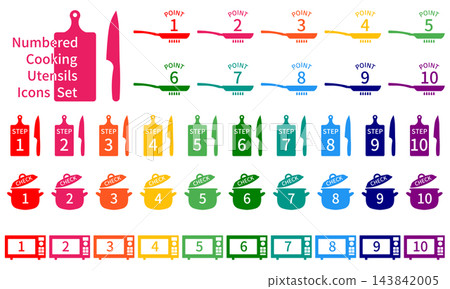 Cooking utensil silhouettes, icon set with numbers, in color. 143842005