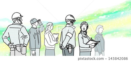 橫幅廣告、網頁廣告和標題插圖素材,以綠色為背景,畫面中戴著安全帽的男女建築工地工人。 橫幅廣告、網頁廣告和標題插圖素材,以綠色為背景,畫面中戴著安全帽的男女建築工地工人。 143842086