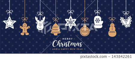 christmas card with hanging decoration on blue background vector illustration 143842261
