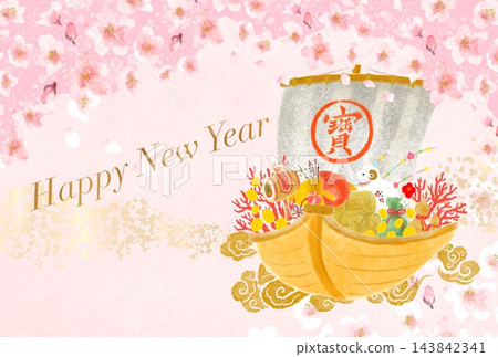 A New Year's card template featuring cherry blossoms in full bloom and a treasure ship against a pink background. A New Year's card template featuring cherry blossoms in full bloom and a treasure ship against a pink background. 143842341