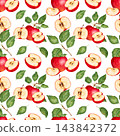 Seamless pattern of red whole apples with slices and leaves. Botanical watercolor illustration. Harvest theme. Hand drawn art. Fruit for food packaging, juice, fabric printing, textiles and paper. 143842372