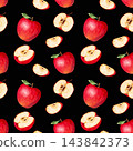 Pattern of red apples with slices on a black background.Whole and red apple slices.Brown background. Watercolor and marker illustration. 143842373