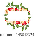 Horizontal frame with apple, half, slices and leaves. Template with space for text. Hand-drawn watercolor illustration of fruit. Image suitable for postcard, packaging, menu, labels and autumn themes. 143842374