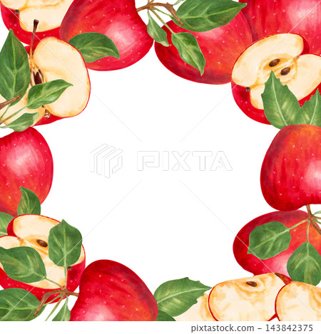 Square frame with apple, half, slices and leaves. Template with space for text. Hand-drawn watercolor illustration of fruit. Image suitable for postcard, packaging, menus, labels and autumn themes. 143842375
