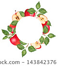 Apple fruits and halves with slices and leaves. Round frame with space for text. Watercolor hand drawn fruit illustration. Wreath for cards, packaging, printing, menu, labels, advertising and design. 143842376