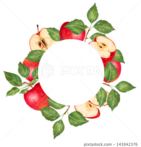 Apple fruits and halves with slices and leaves. Round frame with space for text. Watercolor hand drawn fruit illustration. Wreath for cards, packaging, printing, menu, labels, advertising and design. 143842376