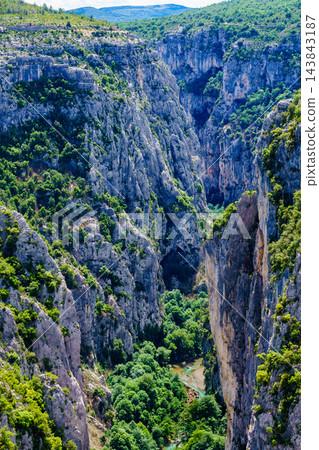 Mountains landscape with river canyon. Verdon Gorge in Provence France. Mountains landscape with river canyon. Verdon Gorge in Provence France. 143843187