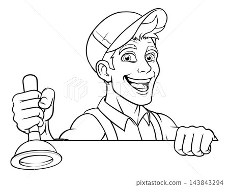 Plumber Plunger Tool Cartoon Plumbing Man Handyman 143843294