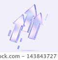 Transparent glass upward arrows 3d icon with holographic gradient and speed effect on light background render. Financial growth, business success, market profit and investment concept. 3D illustration 143843727