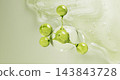 Aloe vera gel wave flowing down on green background with molecule in clear liquid drop. 3D rendering of bio cosmetics, azelaic acid hyaluron serum droplets, natural skin care product. 3D illustration Aloe vera gel wave flowing down on green background with molecule in clear liquid drop. 3D rendering of bio cosmetics, azelaic acid hyaluron serum droplets, natural skin care product. 3D illustration 143843728