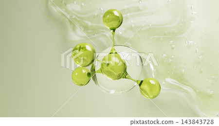 Aloe vera gel wave flowing down on green background with molecule in clear liquid drop. 3D rendering of bio cosmetics, azelaic acid hyaluron serum droplets, natural skin care product. 3D illustration Aloe vera gel wave flowing down on green background with molecule in clear liquid drop. 3D rendering of bio cosmetics, azelaic acid hyaluron serum droplets, natural skin care product. 3D illustration 143843728