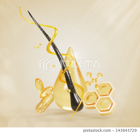 3D damaged hair follicle care with golden serum liquid vortex, argan oil drop, vitamin capsules, molecule and honeycomb cells. Nourishing cosmetic mask, repair essence, honey shampoo. 3D illustration 143843729