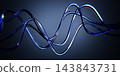 Abstract 3D glass sound waves, translucent curved lines flowing on dark blue gradient background. Modern dynamic music, audio frequency, rhythm and acoustic technology concept render. 3D illustration 143843731