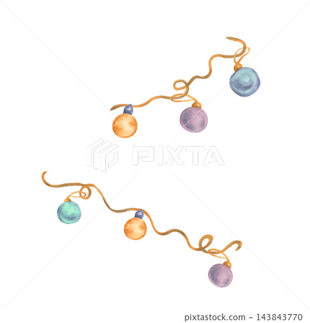 Hand-drawn watercolor illustration of Christmas garland with colorful baubles and golden ribbon. Object for greeting cards, invitations and New Year decorations for the Christmas tree. 143843770