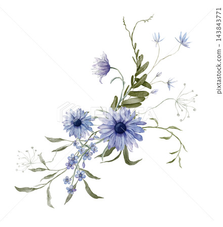 Hand painted watercolor asymmetric bouquet of blue daisies, forget-me-nots and white lace umbels with leafy stems on white, perfect for wedding cards, invitations, packaging, textiles and branding. 143843771