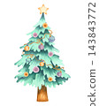 Christmas tree decorated with colorful baubles, golden garland and star. Hand-drawn isolated watercolor illustration for holiday cards, invitations, packaging and New Year design. Festive tree. 143843772