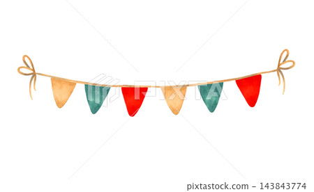 Watercolor garland with brown, red, turquoise triangular flags. Hand-drawn isolated clip art of festive ribbon. Vintage carnival garland for Christmas, New Year or baby shower invitations. 143843774