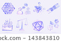 Glass 3D business and technology icon set with holographic gradient render. AI data cube, chatting people, chain link, toolbox, scale, key and gears. Teamwork, communication, settings. 3D illustration 143843810