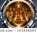 View through a circular opening into a copper chamber with rods and fittings 143844041