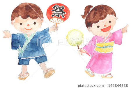 Watercolor illustration of children in yukata enjoying a summer festival Watercolor illustration of children in yukata enjoying a summer festival 143844288