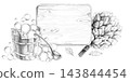 A tub of soap bubbles and a bath broom set against a wooden board, rendered as a pencil illustration. Suitable for bath complexes, spa centers, massage studios, and manufacturers of natural cosmetics. 143844454