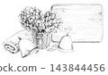 Two bath brooms in a wooden tub, depicted in a pencil-style illustration. Suitable for bath complexes, spa centers, massage studios, manufacturers of natural cosmetics, and travel agencies. 143844456