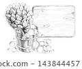 Pencil illustration of a tub with a bath broom and bubbles, set against a wooden-plank background. Suitable for the branding of woodworking workshops, bathhouse complexes, eco-farms,souvenir stalls. 143844457