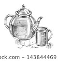 A teapot and a mug with a daisy, rendered as a pencil drawing. Perfect for websites focused on tea, healthy living, herbal medicine, or spas, as well as for greeting cards and tea labels. 143844469