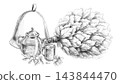 Pencil illustration featuring an oak bath broom and mint tea. Suitable for spa resorts, teahouses, herbal therapy, glamping sites, ethno-tourism, campsites, souvenir shops, and wellness programs. 143844470