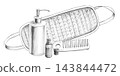 A pencil illustration featuring bath accessories. Suitable for bath complexes, eco-friendly markets, manufacturers of bath accessories, wellness centers, and beauty studios. 143844472