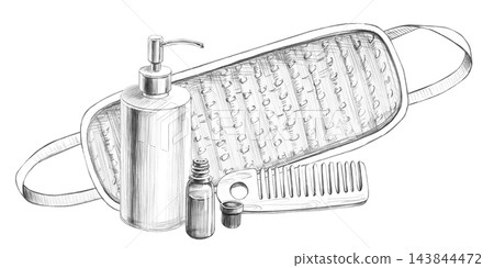 A pencil illustration featuring bath accessories. Suitable for bath complexes, eco-friendly markets, manufacturers of bath accessories, wellness centers, and beauty studios. A pencil illustration featuring bath accessories. Suitable for bath complexes, eco-friendly markets, manufacturers of bath accessories, wellness centers, and beauty studios. 143844472