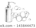 Pencil illustration of a soap dispenser. Suitable for the design of eco-friendly shops, hotels, fitness clubs, children's centers, pharmacies, packaging manufacturers, and hospitality establishments. 143844473