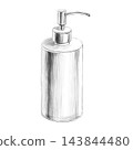 Pencil drawing of a dispenser. An isolated illustration for use in designs for eco-hotels, perfumery, coworking spaces, cleaning services, pharmaceuticals, eco-friendly packaging, and hostels. 143844480