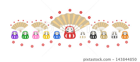 一幅慶祝插圖，描繪了 11 個達摩不倒翁、一把扇子和紅梅花。 143844850
