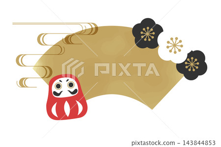 A golden fan-shaped celebratory frame illustration featuring a red Daruma doll, black and white plum blossoms, and a mist pattern. A golden fan-shaped celebratory frame illustration featuring a red Daruma doll, black and white plum blossoms, and a mist pattern. 143844853