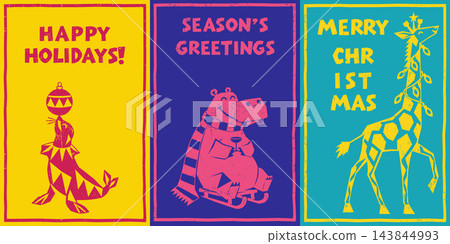 Retro Christmas Animal Card Set with Seal Hippo and Giraffe 143844993
