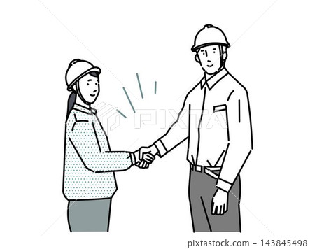 插圖描繪了戴著安全帽的男女建築工人在建築工地握手，象徵著簽訂合約、建立夥伴關係或開展合作。 143845498