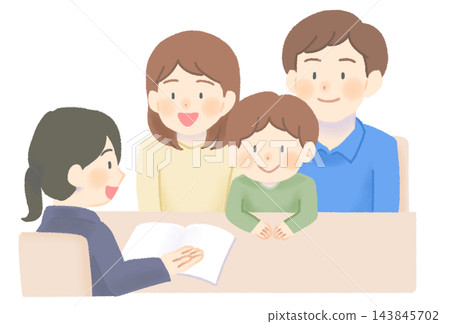 A couple and their young son receive an explanation from a woman in a suit. A couple and their young son receive an explanation from a woman in a suit. 143845702