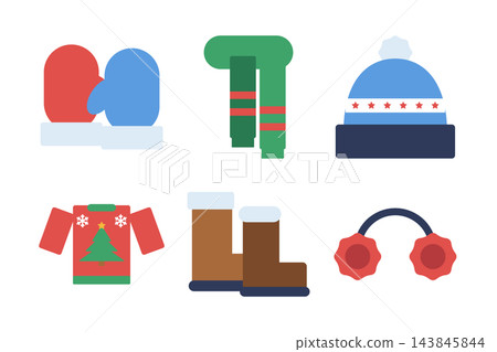 Winter clothes set with mittens, scarf, beanie, sweater, boots and earmuffs, cozy clipart Winter clothes set with mittens, scarf, beanie, sweater, boots and earmuffs, cozy clipart 143845844