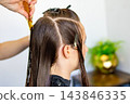 Hairdresser parts wet brown hair with a comb into sections secured with clips on a teenage girl, side view in a salon. Concept of precise haircut preparation and sectioning technique. 143846335