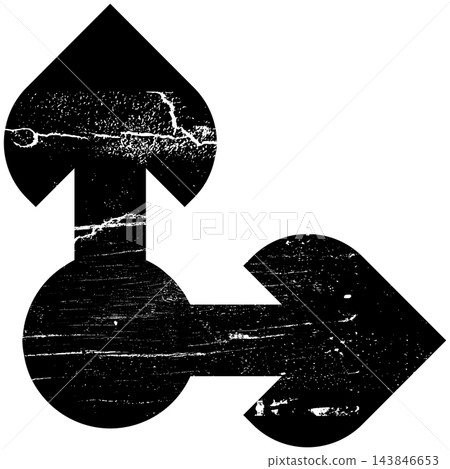Two perpendicular pointer arrows graphic illustration with distressed Y2K grunge texture isolated on transparent background. Black direction clip art element for streetwear. Two perpendicular pointer arrows graphic illustration with distressed Y2K grunge texture isolated on transparent background. Black direction clip art element for streetwear. 143846653