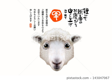 A cute little sheep giving New Year's greetings. 143847067