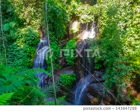 Multiple tropical waterfalls cascading through dense jungle with Balinese temple shrine in background, Bali, Indonesia Multiple tropical waterfalls cascading through dense jungle with Balinese temple shrine in background, Bali, Indonesia 143847288