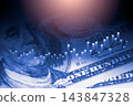 Business man on digital stock market financial indicator background. Digital business and stock market financial indicator on LED. Double exposure of business man and digital stock market financial. 143847328