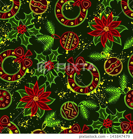 Fluorescent seamless pattern with outline Christmas icons. Randomly scattered holiday symbols, paint splatters on dark background. Grunge, graffiti like style. Fluorescent seamless pattern with outline Christmas icons. Randomly scattered holiday symbols, paint splatters on dark background. Grunge, graffiti like style. 143847479