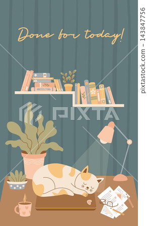 Night End of Workday. Cat Sleeping on Closed Laptop. Cozy Home Office with Completed Checklist, Workplace Freelance, Houseplant and Mug. Hygge Vector Flat Illustration. Vertical Poster with quote Night End of Workday. Cat Sleeping on Closed Laptop. Cozy Home Office with Completed Checklist, Workplace Freelance, Houseplant and Mug. Hygge Vector Flat Illustration. Vertical Poster with quote 143847756
