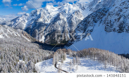 Aerial View Winter Mountain Road Vrsic Pass Triglav Slovenia Aerial View Winter Mountain Road Vrsic Pass Triglav Slovenia 143848151