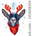 Christmas close up funny goat with a reindeer horns hand drawn illustration 143848204