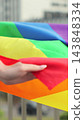 Vertical video. Woman waving rainbow flag during lgbt pride parade. Close up waving the rainbow LGBT Flag. 143848334