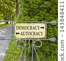 Democracy or autocracy words symbol. Concept words Democracy Autocracy on beautiful information road sign. Beautiful green tree background. Business democracy autocracy concept. Copy space 143848411